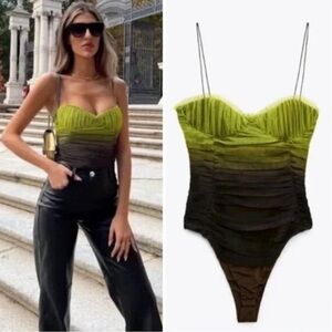 🎭🥑Zara Tulle Corset Bodysuit Mesh Ombre Neon Green small whimsygoth Halloween
